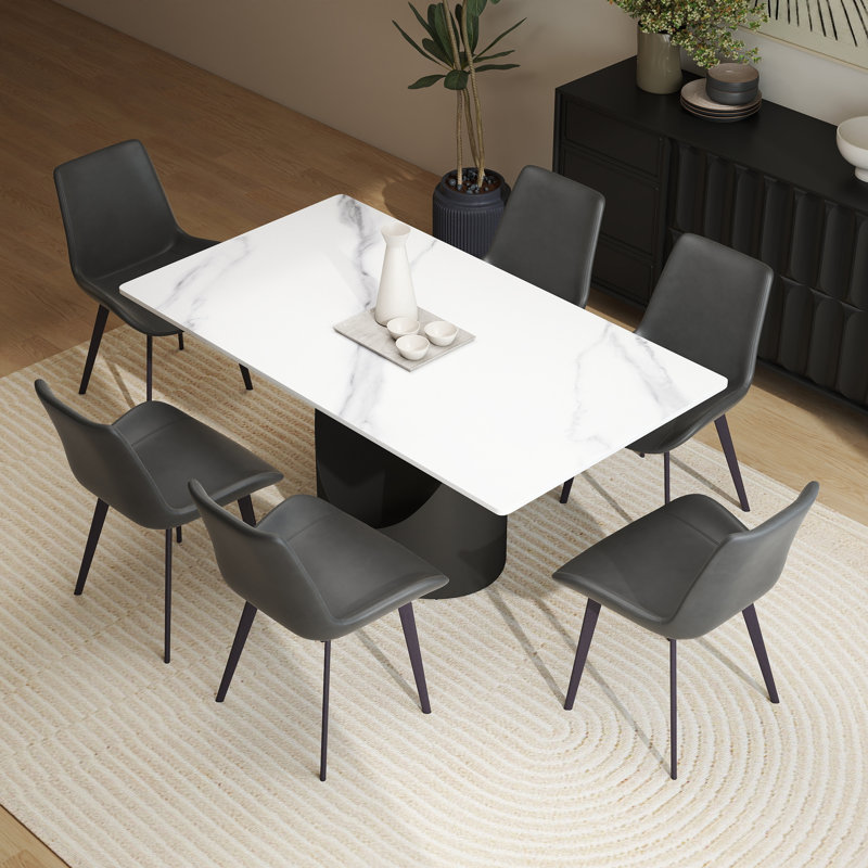 Ensemble de table de salle à manger 7 pièces 7 pièces avec 6 chaises en similicuir, Blanc neige, Gris, Noir