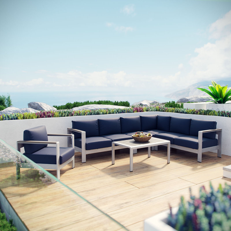 Shore 6-piece Outdoor Patio Aluminum Sectional Sofa Set, Navy