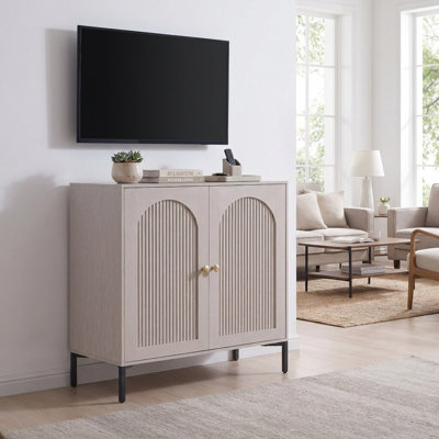 Modern TV Stands 34" Tall Wood Entertainment Center w/Adjustable Shelves, Mid Century Modern TV Stand w/Arched Fluted Doors, Media Console Cabinet for Living Room