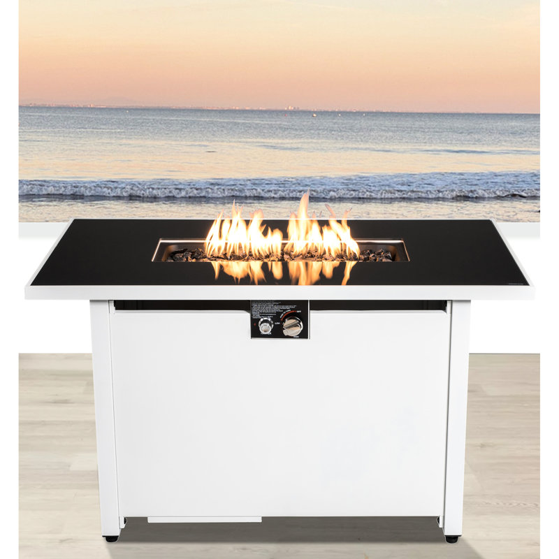 Foyer de table d'extérieur, acier inoxydable, 50000, rouille, blanc avec foyer en pierres de lave 25H x 42W, chaleur rouille, panneau
