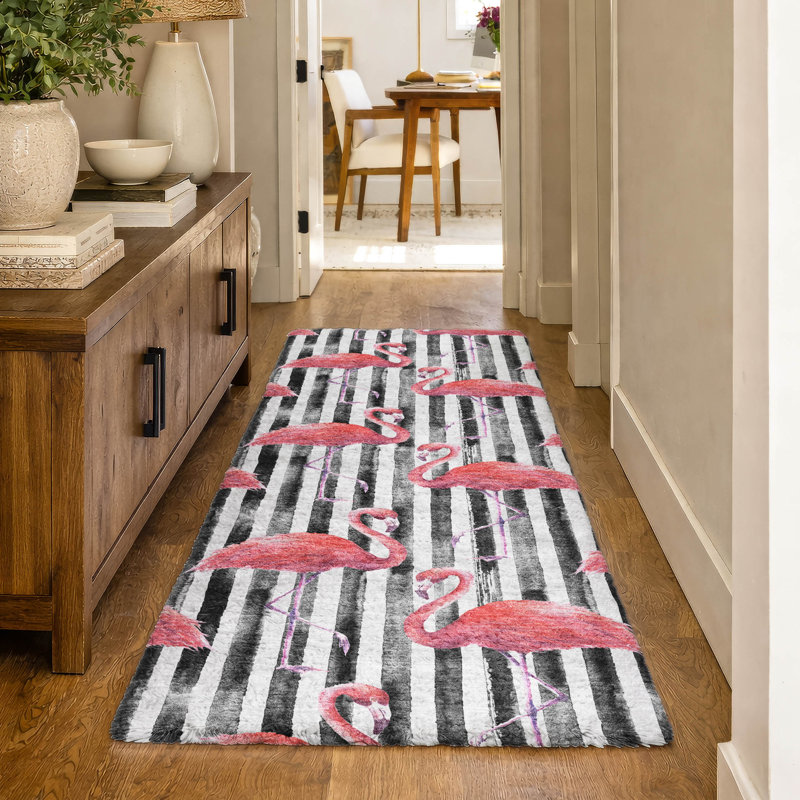 Premium Machine Washable Dream Shag ADS204 Striped and Flamingos Rug, 2'3" x 7'6" Runner