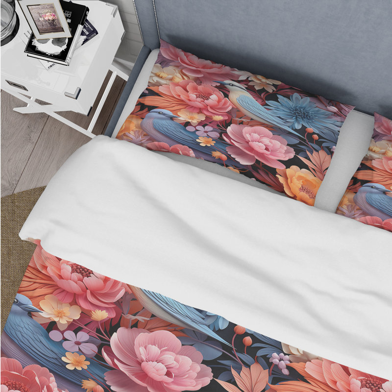 Harmonous Floral Vivid Tropical Birds I - Ensemble de housse de couette floral