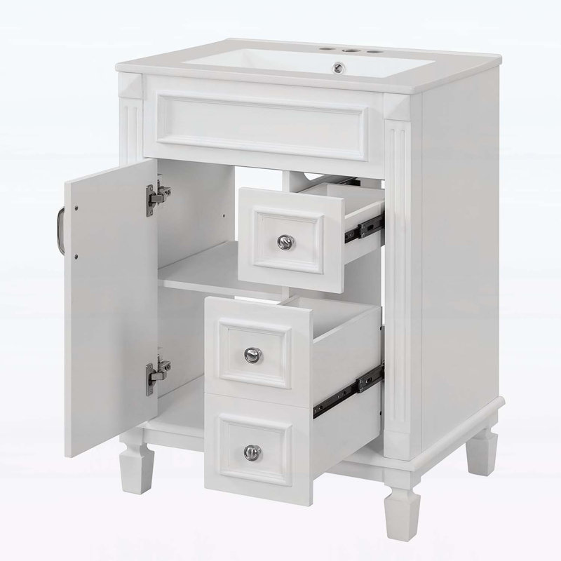 Meuble-lavabo 24 po avec lavabo, conception compacte, 2 tiroirs, tablette réglable, idéal pour les petits espaces, Blanc