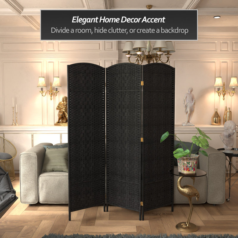 71" Tall Diamond Weave Fiber 6 Panel Room Divider, Black, 3
