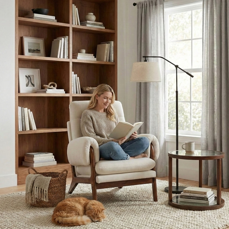 Transitional Traditional Upholstered Accent Chair, Beige