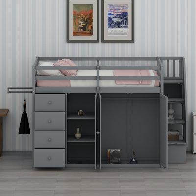 Space-Saving Loft Bed with Built-in Wardrobes, Cabinets and Drawers