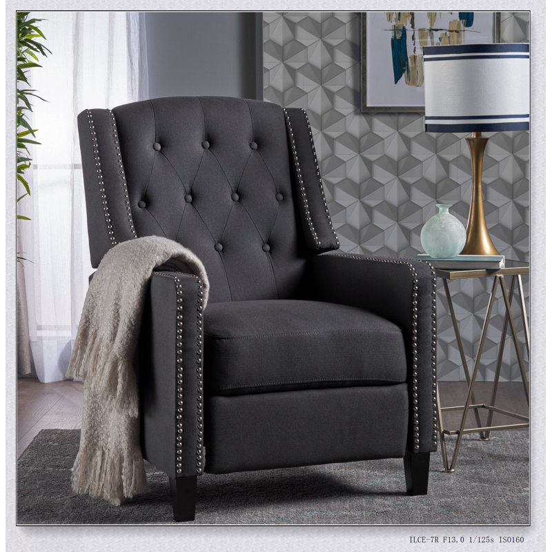 Classic Dark Grey Fabric Push Back Chair With Elegant Riveted Armrests And Durable Birch Wood Legs For Modern Comfort