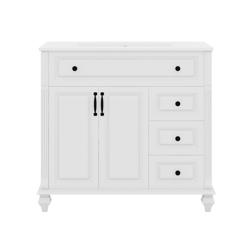 Meuble-lavabo 36 po avec lavabo, tiroir rabattable, 3 tiroirs et 2 portes, Blanc/Noir