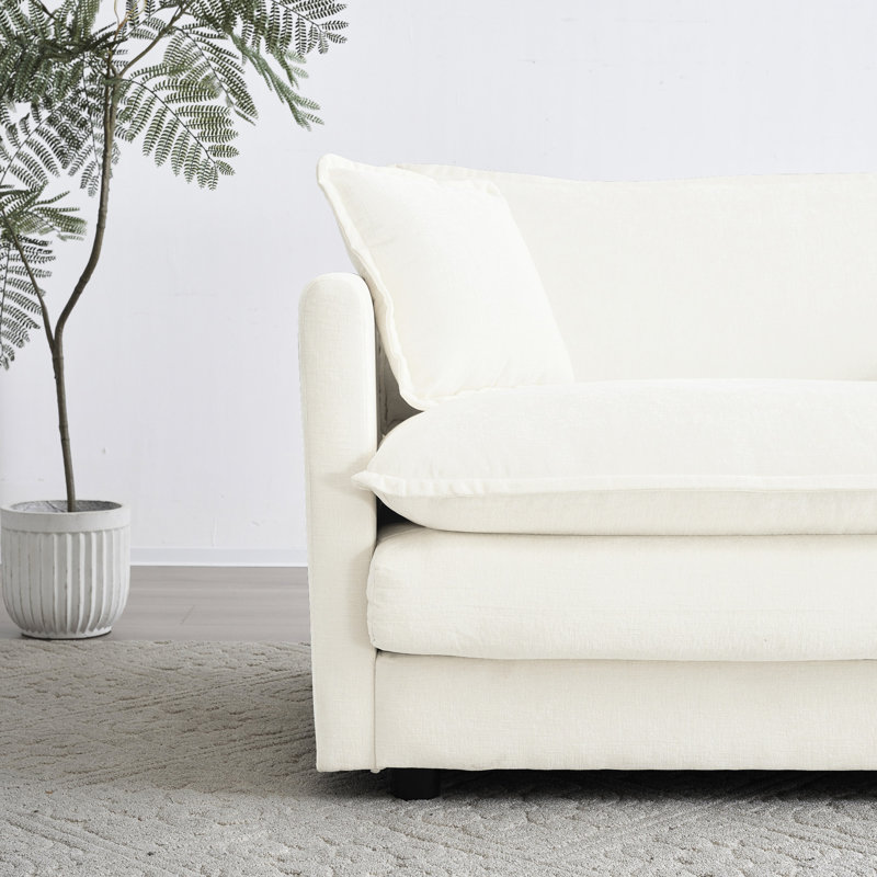 Canapé de salon en chenille blanc - 2 avec 4 coussins revêtus d'une structure en bois massif en tissu