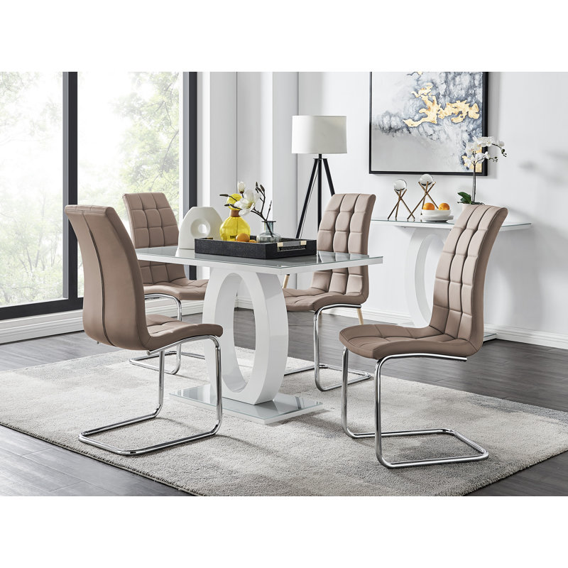 Scottsmoor Modern High Gloss Halo 4 Seater Dining Table Set with Luxury Faux Leather Dining Chairs, Cappuccino