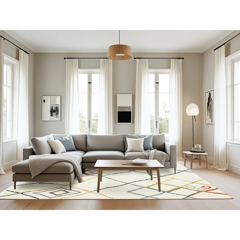 Tapis contemporain beige / rouge, Rectangle 8 pi x 10 pi