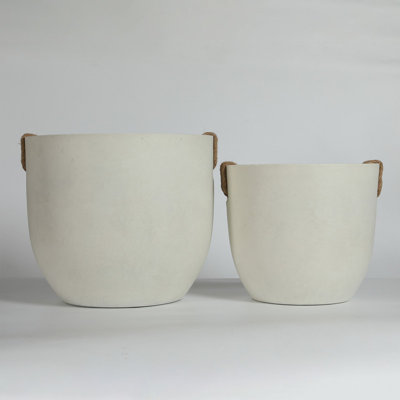 Set of 2 Off White Concrete Planters with Rope Handles – Handmade Rustic Round Flower Pots with Drainage Holes, Large 15" & 18" for Patio, Garden or Living Room – Magnesium Oxide