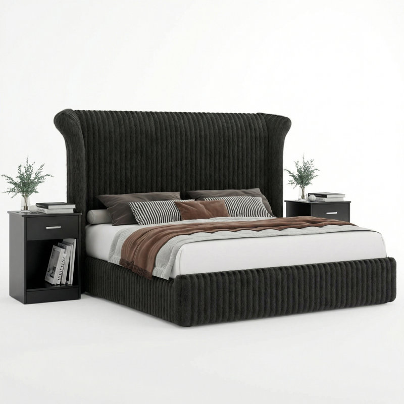 3-piece Bedroom Set, Upholstered Bed Frame With 55" Tall Headboard and 2 Nightstands with Drawers, Black, King