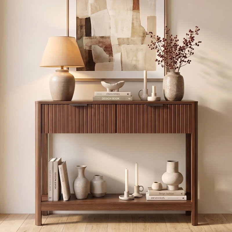 Console Mid-Century cannelée, 2 tiroirs et tablette ouverte, canapé en noyer et table d'entrée, Walnut