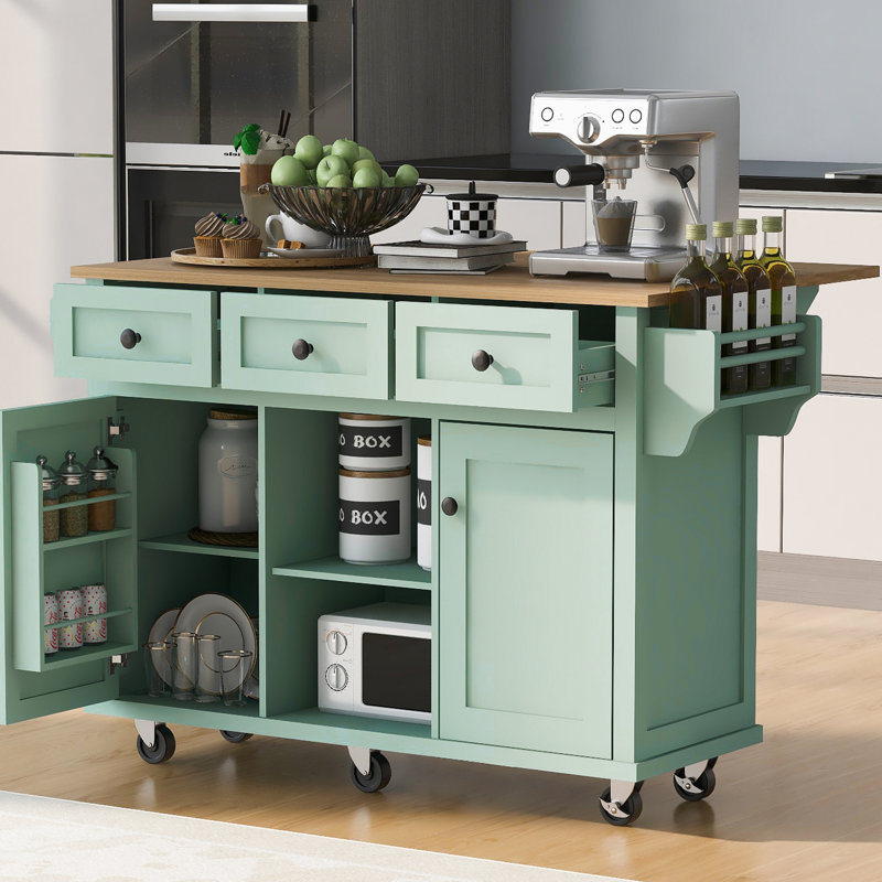 Mint Kitchen Island With Storage And 3 Drawers, Rubberwood Countertop, 5 Wheels, Adjustable Shelf Rolling Construction,
