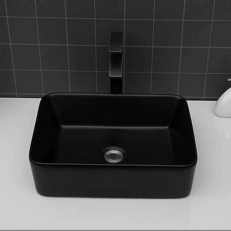 Ceramic Rectangular Vessel Bathroom Sink 19X15x5.5 Inch - Black Stain Proof, Black