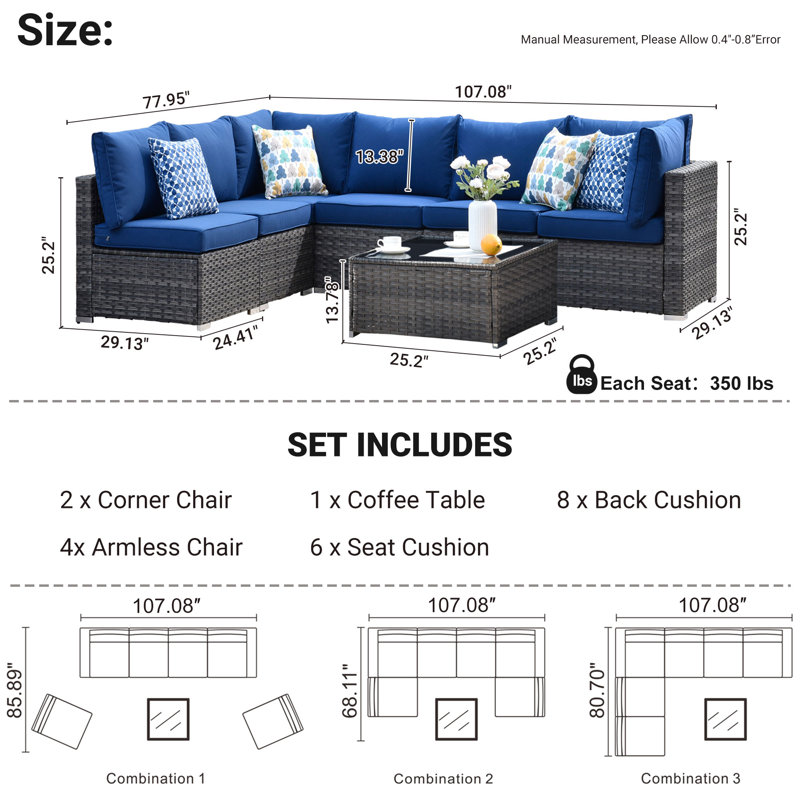 Aliva 6 - Person Modular Patio Conversation Sets with Cushions, Navy Blue