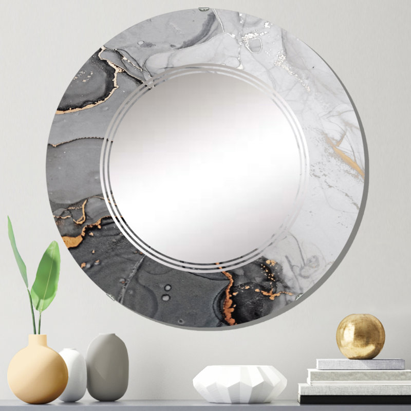 Gris et orange vagues de marbre - miroir mural moderne, 24 po x 24 po