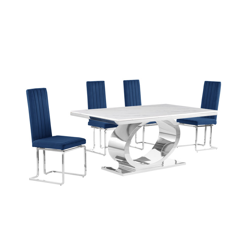 Zudais Marble Top Pedestal Dining Set, 5, Navy/Silver, Silver