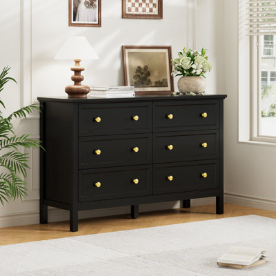 Mountford Modern 6 Drawer Dresser, Walnut Finish, 47.2 Inch Wide Chest with Gold Shell Handles & Pine Legs, Bedroom Dresser by Winston Porter