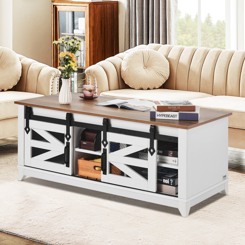 48" White and Walnut Wood Lift-Top Farmhouse Coffee Table