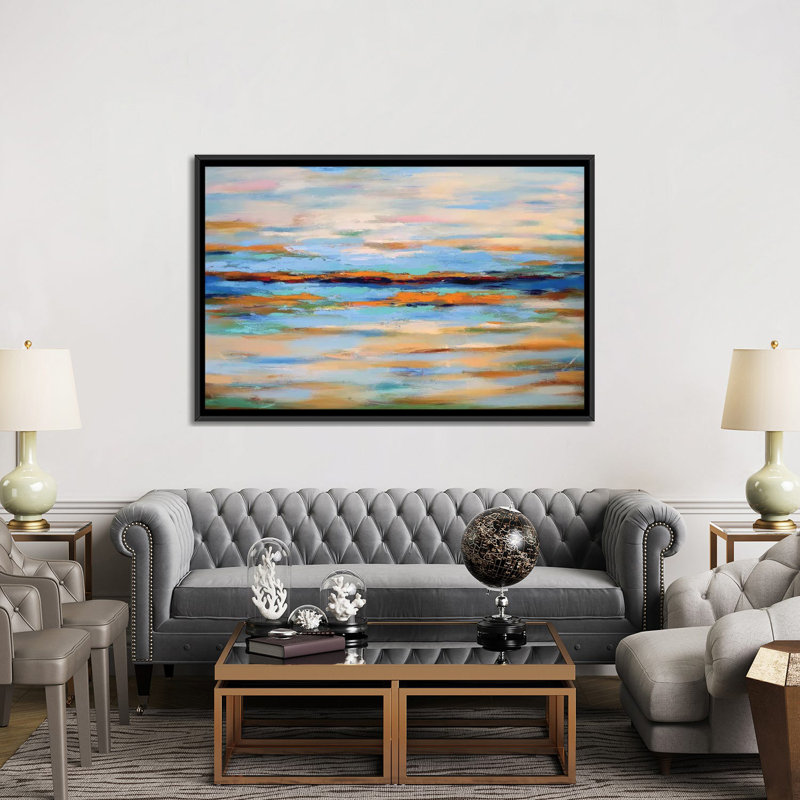 « abstract seascape », impression sur toile, H 40 po x l 60 po x P 1,5 po, Toile avec cadre noir, Pas de tapis