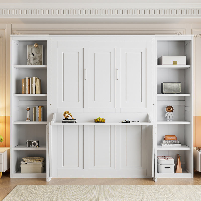 Lit escamotable double avec bureau et bibliothèque intégrés, fabrication en bois massif, lit mural peu encombrant, aucun sommier requis pour les petites pièces