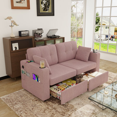 Modern Three-Seat Chenille Sofa With Built-In USB Charging Ports, Storage Chaise, Cup Holder, And Wood Frame For Living Room Or Apartment.