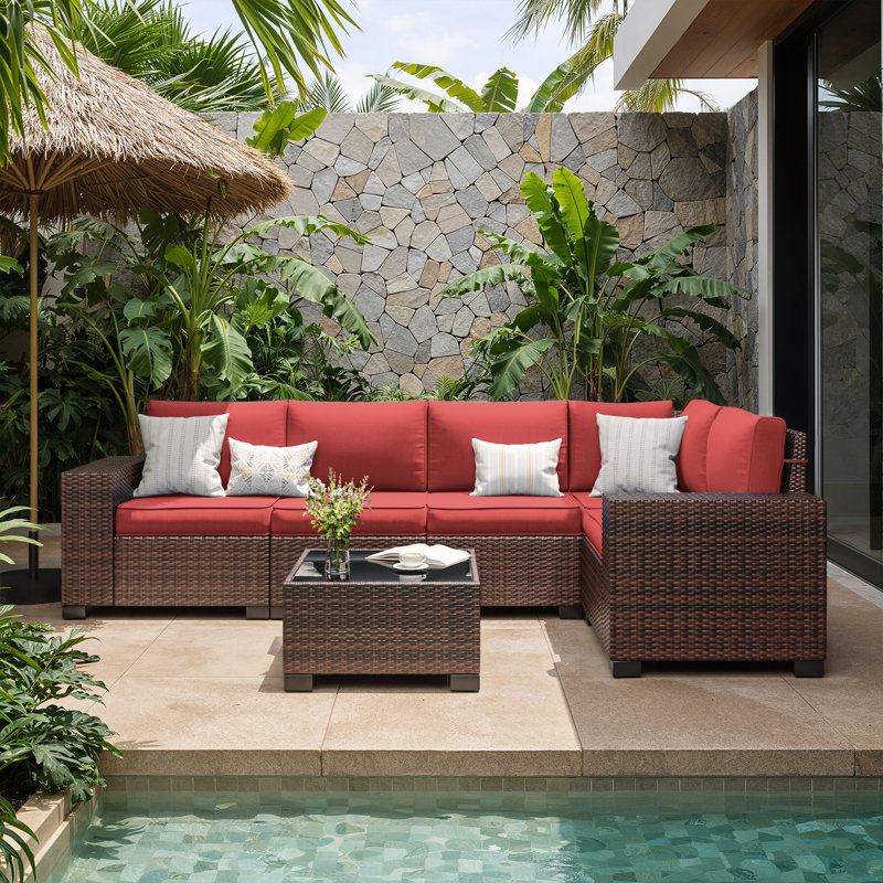 Ensemble de conversation modulaire en rotin 6 pièces avec coussins, Coussin rouge / cadre brun