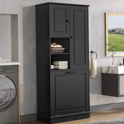 Tall Storage Cabinet With Adjustable Shelves, Large Flip-Out Basket & Enclosed Cabinets – Perfect For Bathroom, Living Room, Or Office, MDF Material With Aluminum Alloy Handles