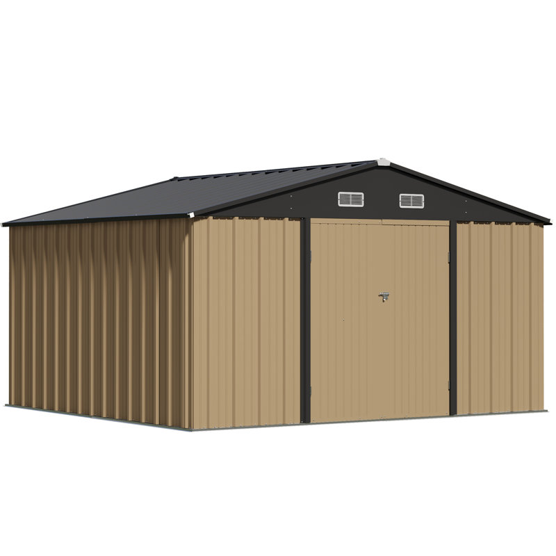 10x10 Ft Outdoor Steel Storage Shed, Large Metal Tool Sheds With Lockable Doors & Air Vent, Brown