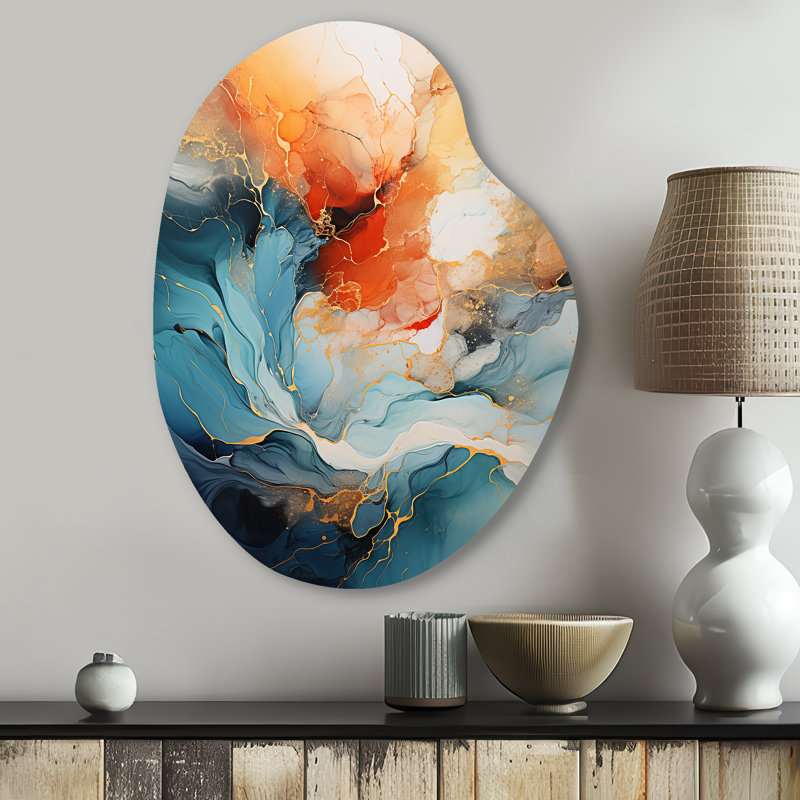 Cindie Teal Orange Bold Abstract Flow Collage II - Dams Pear Shape Assymterical Metal Wall Art, 30" H x 22" W
