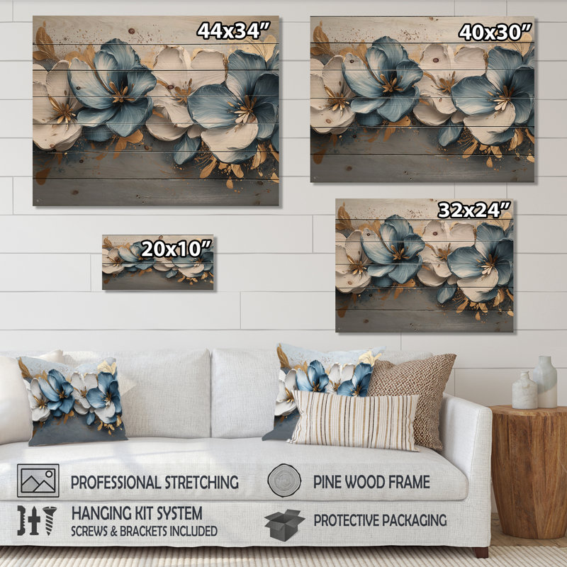 Blue Gold Velvet Blue Tulips River I - Tulips Wood Wall Decor - On Natural Pine Wood, 10" H x 20" W x 0.78" D
