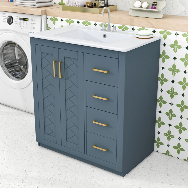 Ensemble de meuble-lavabo simple autoportant avec lavabo sous le comptoir en céramique Camuto Modern, Marine