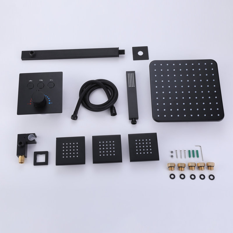 10" Wall Mounted Thermostatic Shower System With Handheld Spray And Body Jets, Matte Black