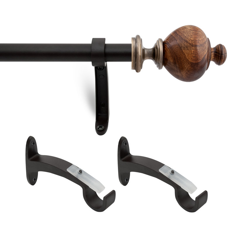  Curtain Rods for Windows 44-120 Inch, 1 Inch Heavy Duty Extendable Metal Drapery Rod, Adjustable Curtain Rod with Decorative Wood Trophy Finials for Living Room Bedroom, Brown Matt