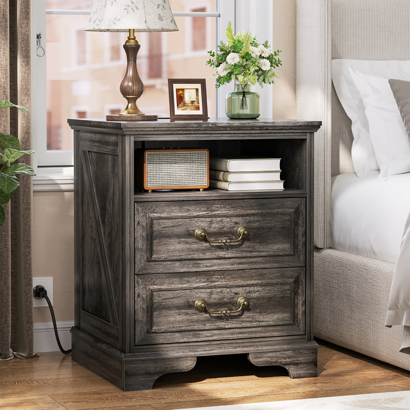 Table de chevet 17 po avec 2 tiroirs et prises intégrées 17 po, Grey