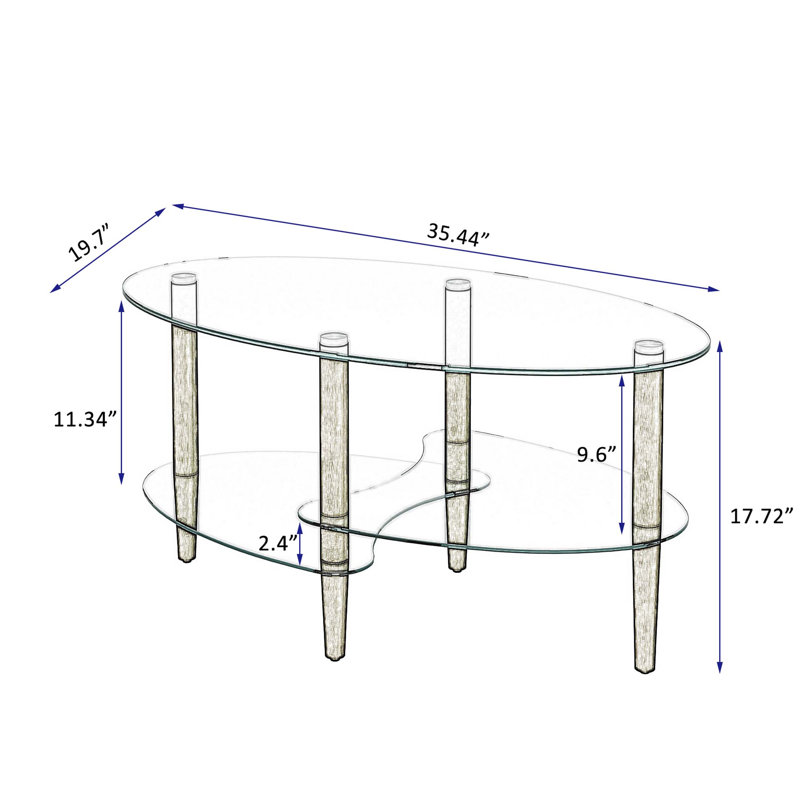 Table basse transparente ovale en verre avec rangement à 3 couches, conception moderne pour le salon et le bureau