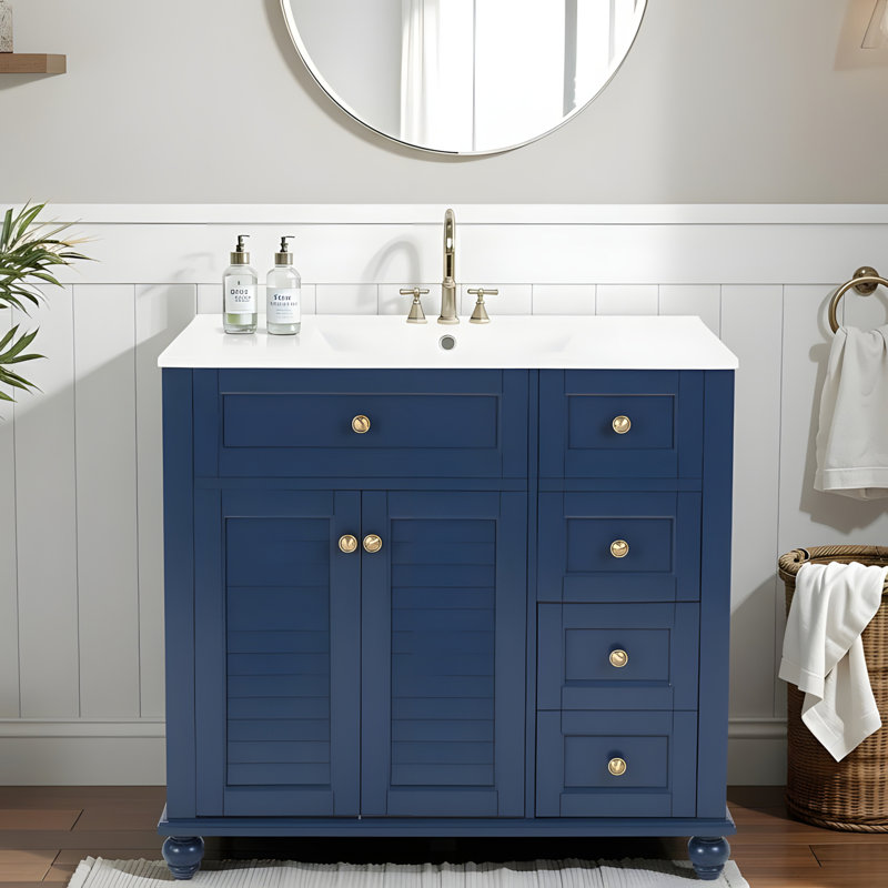 Meuble-lavabo avec lavabo en céramique et tiroirs à fermeture en douceur, Bleu
