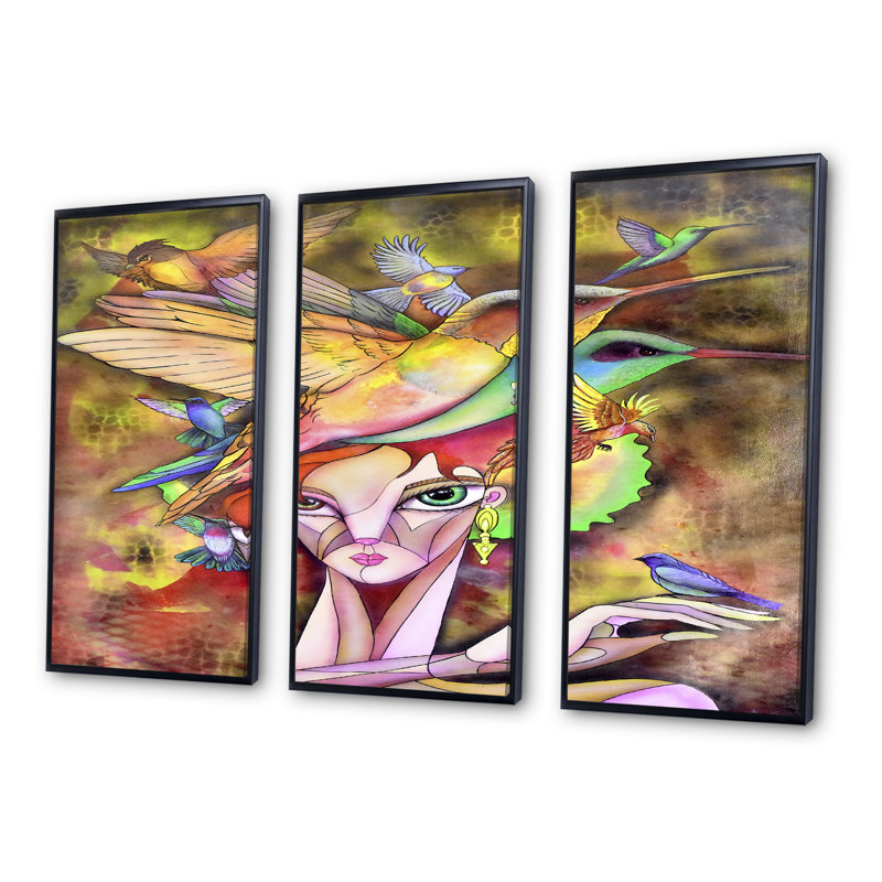 «Modern Cubist Portrait Of Girl II», ensemble de 3 impressions sur toile à cadre flottant, Cadre noir