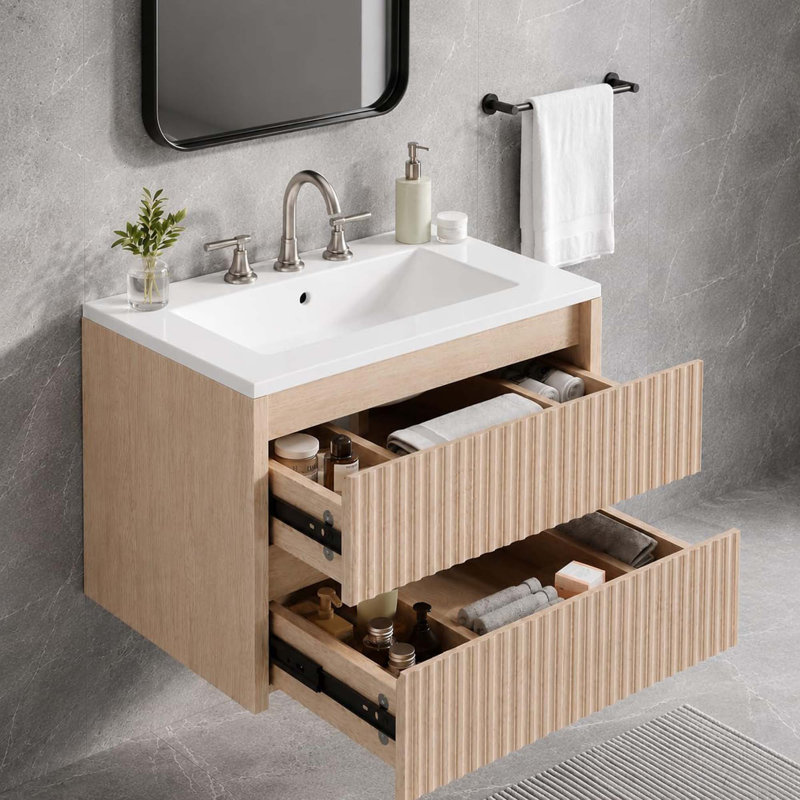 Meuble-lavabo mural moderne cannelé de 61 cm (24 po), 2 tiroirs, lavabo en céramique blanche, revêtement en PVC imperméable