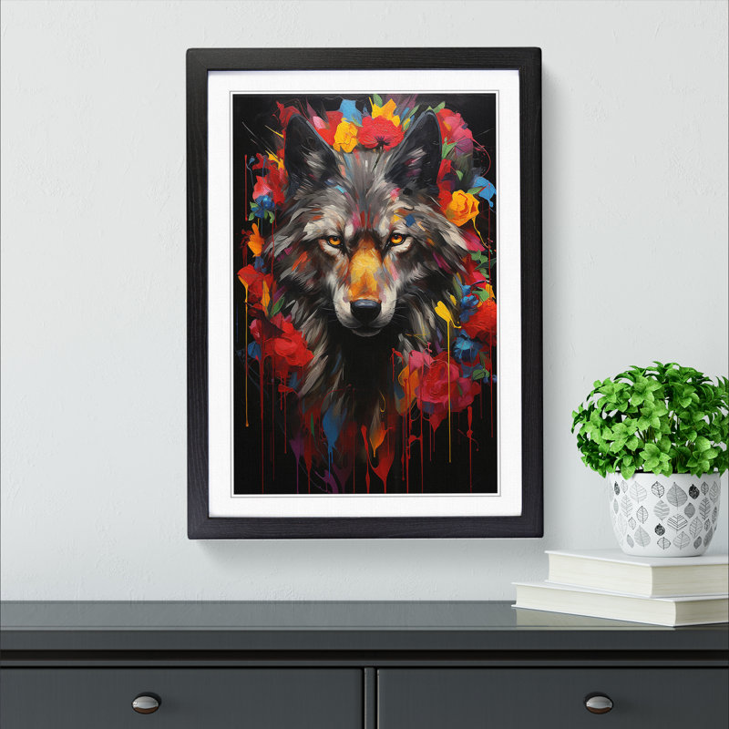 XYZ-FRM-V1223-1700 Wolf Neo-Plasticism - Single Picture Frame Print on Wood, Black, 34cm H x 25cm W x 2cm D