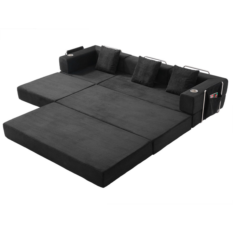 Canapé modulaire de 108 po avec méridienne en L et siège profond, Velours côtelé noir
