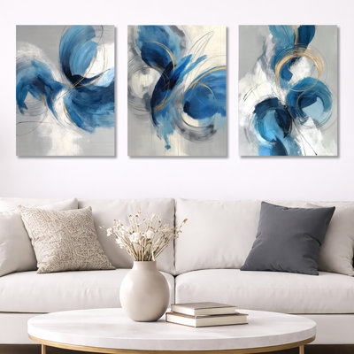Abstract Swirl in Blue and White Tones – Modern 3 Panel Metal Wall Art