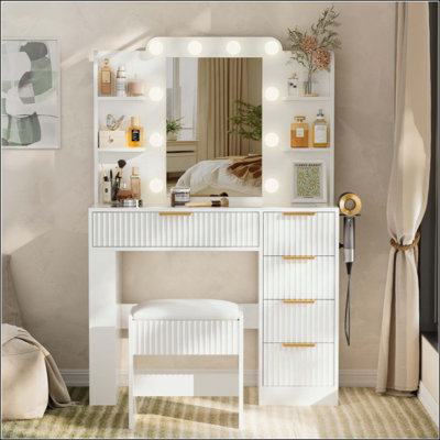Vanity Table With Mirror And Lights, Vanity Desk And Cushioned Stool Set With Charging Station, Storage Drawers And Transparent Tabletop Bedroom