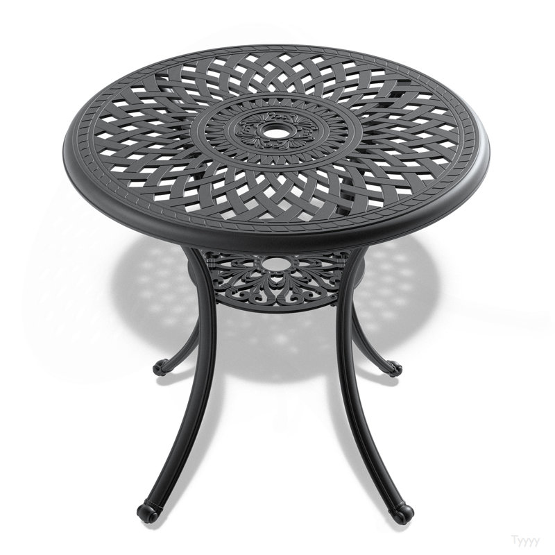 Table de salle à manger en aluminium coulé 30,43 pouces - Structure noire, trou de parasol, rouille, confortable pour 4 terrasses de salle à manger, surface de 30,43 pouces, apparence élégante