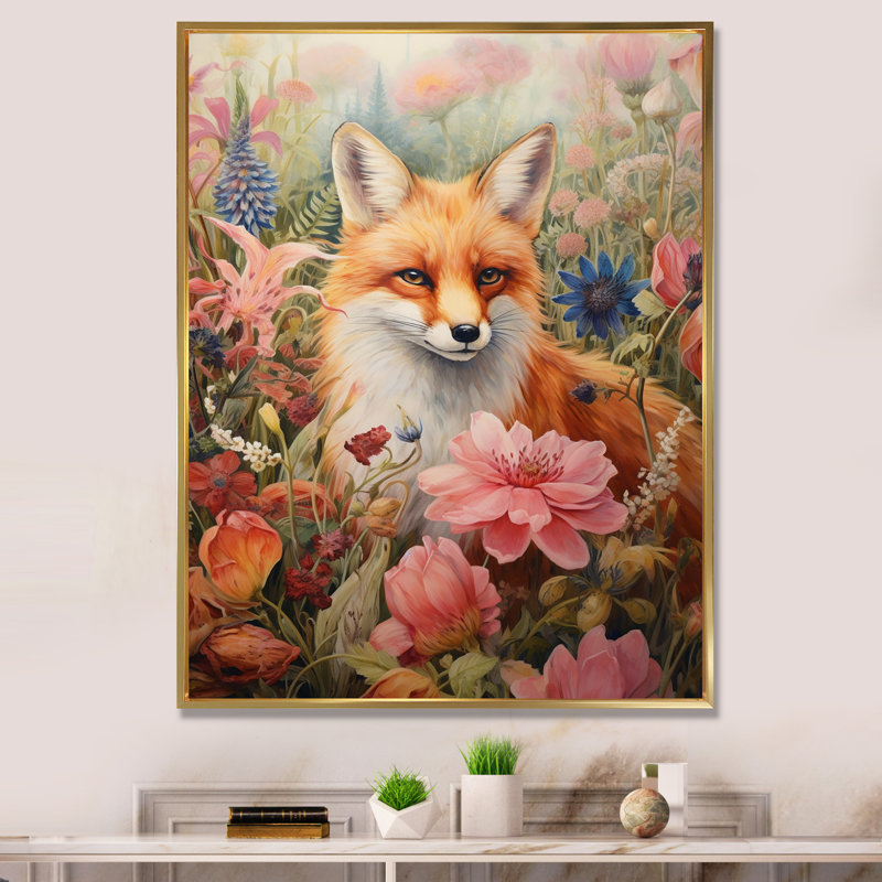 Mignon renard orange dans un champ de fleurs, H 20 po x l 12 po x P 1 po, Cadre flottant doré