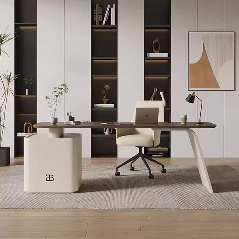 Bureau d'écriture rectangulaire en bois manufacturé brun noisette + blanc beige avec tiroirs, 29.63" H x 55.12" W x 27.56" D