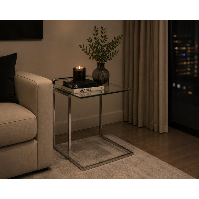 Pangea Home Helen Tray Table – Modern C-Shaped Glass End Table with Tempered Glass Top & Polished Stainless Steel Frame for Living Room, Bedroom & Sofa Side Table- Silver Tray Table