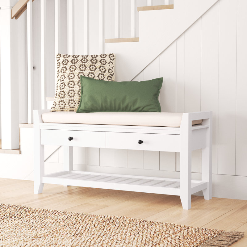 Alexandria Wood Storage Bench, Shoe Rack with Cushioned Seat and Drawers, Multipurpose Entryway Storage Bench, White